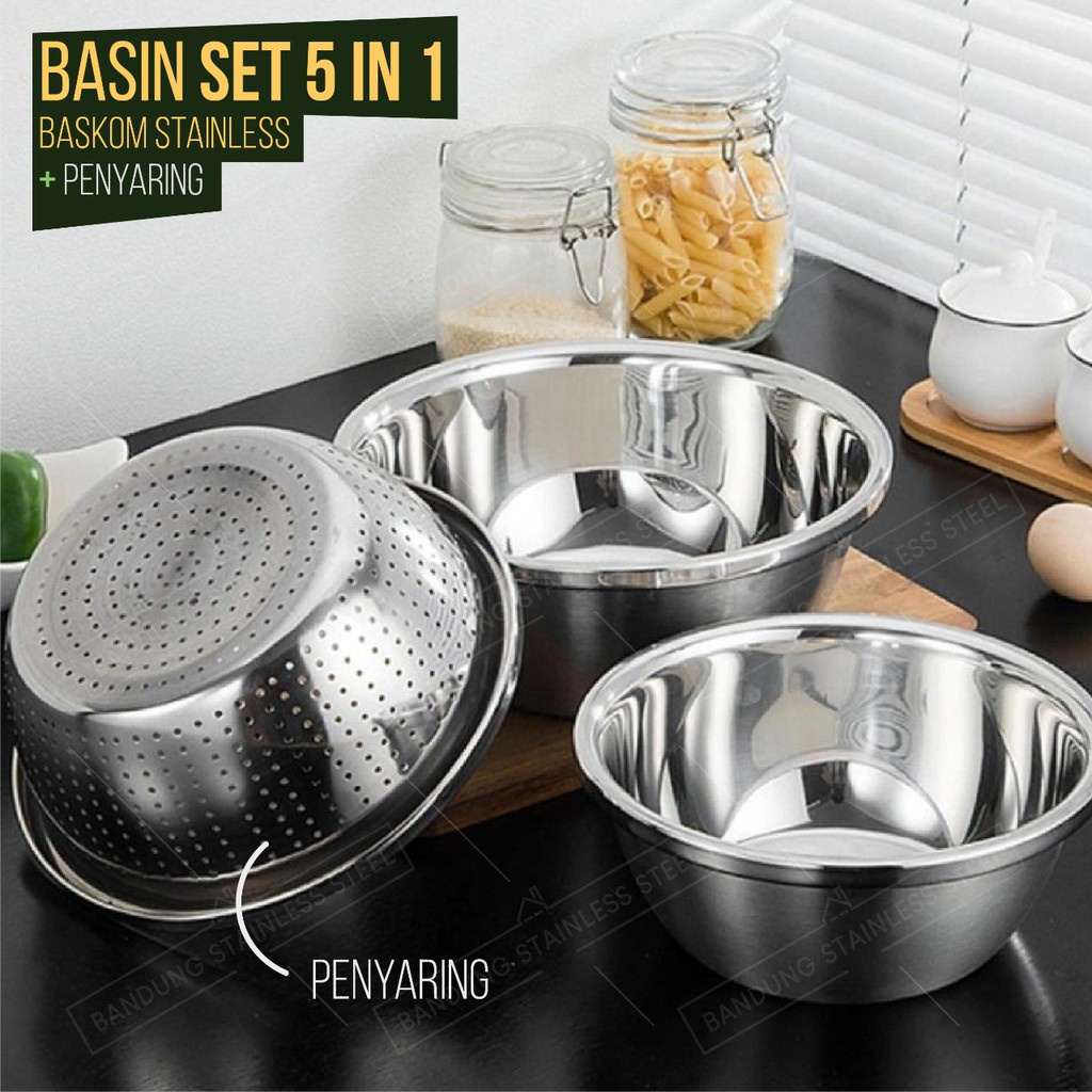 5pcs baskom set stainless tebal dapur lubang cuci beras sayur wadah makanan