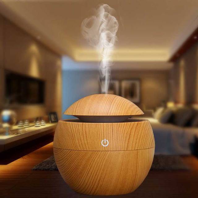 Humidifier Air Aromaterapi Diffuser Model Bulat Kecil Motif Tekstur Kayu 130ml Pelembab Udara