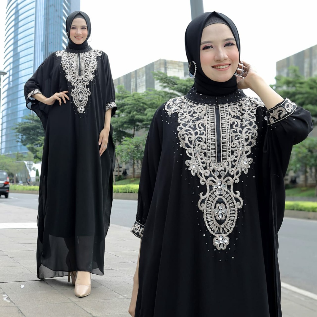 HOPYLOVY - Kaftan Wanita Bordir Mewah Kombinasi Payet bahan Ceruty Marina