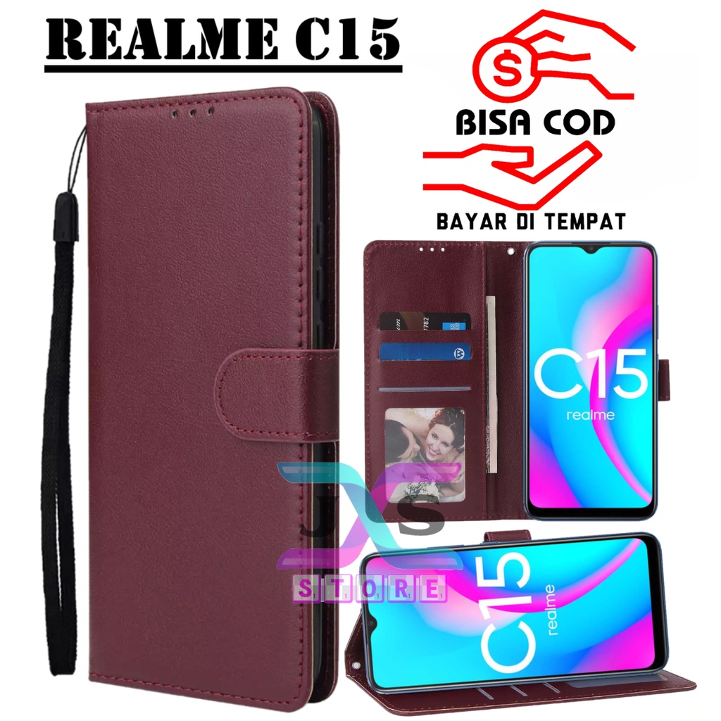 SARUNG BUKU HP UNTUKREALME C15 / FLIP WALLET UNTUK REALME C15/ LEATHER CASE UNTUK REALME C15