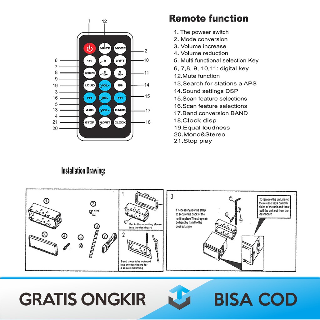 TAPE AUDIO MOBIL BLUETOOTH DOUBLE DIN TAFFWARE JSD-530 ORIGINAL JSD-520