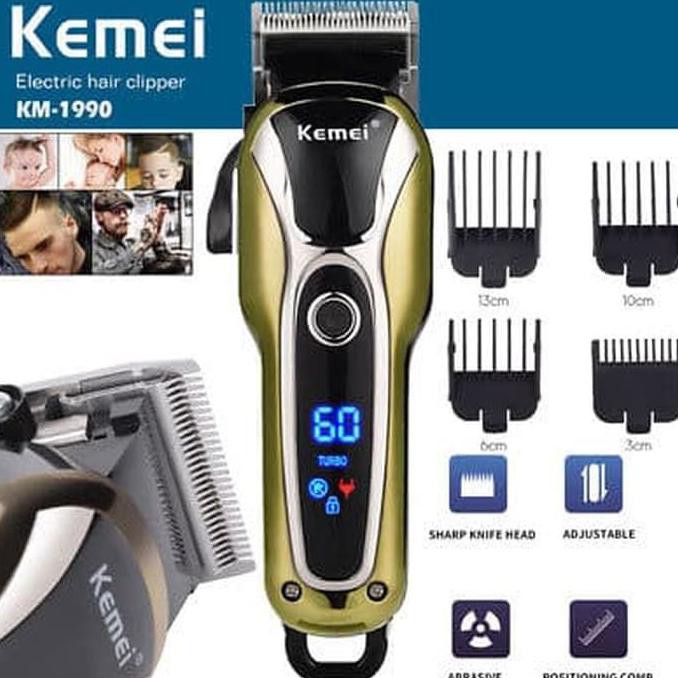SYRS06 CUKUR KEMEI KM-1990 TURBO MESIN CUKUR RAMBUT LED BATERAI RECHARGE ORI