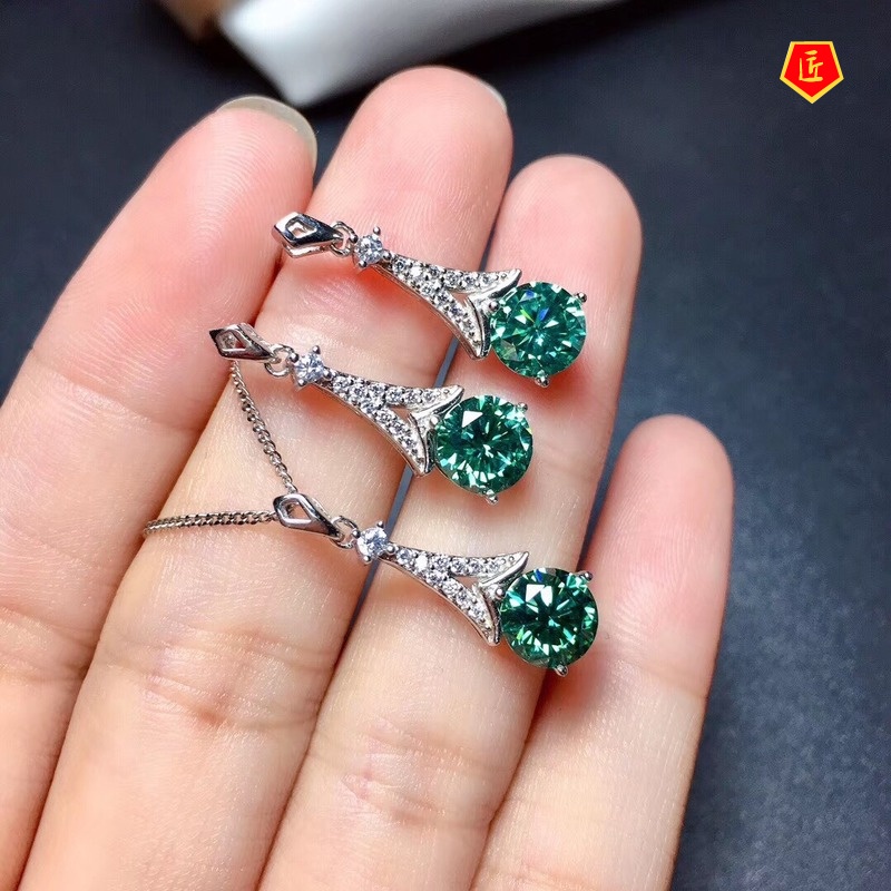 [Ready Stock]Full Diamond Green Moissanite Necklace Set Ear Studs