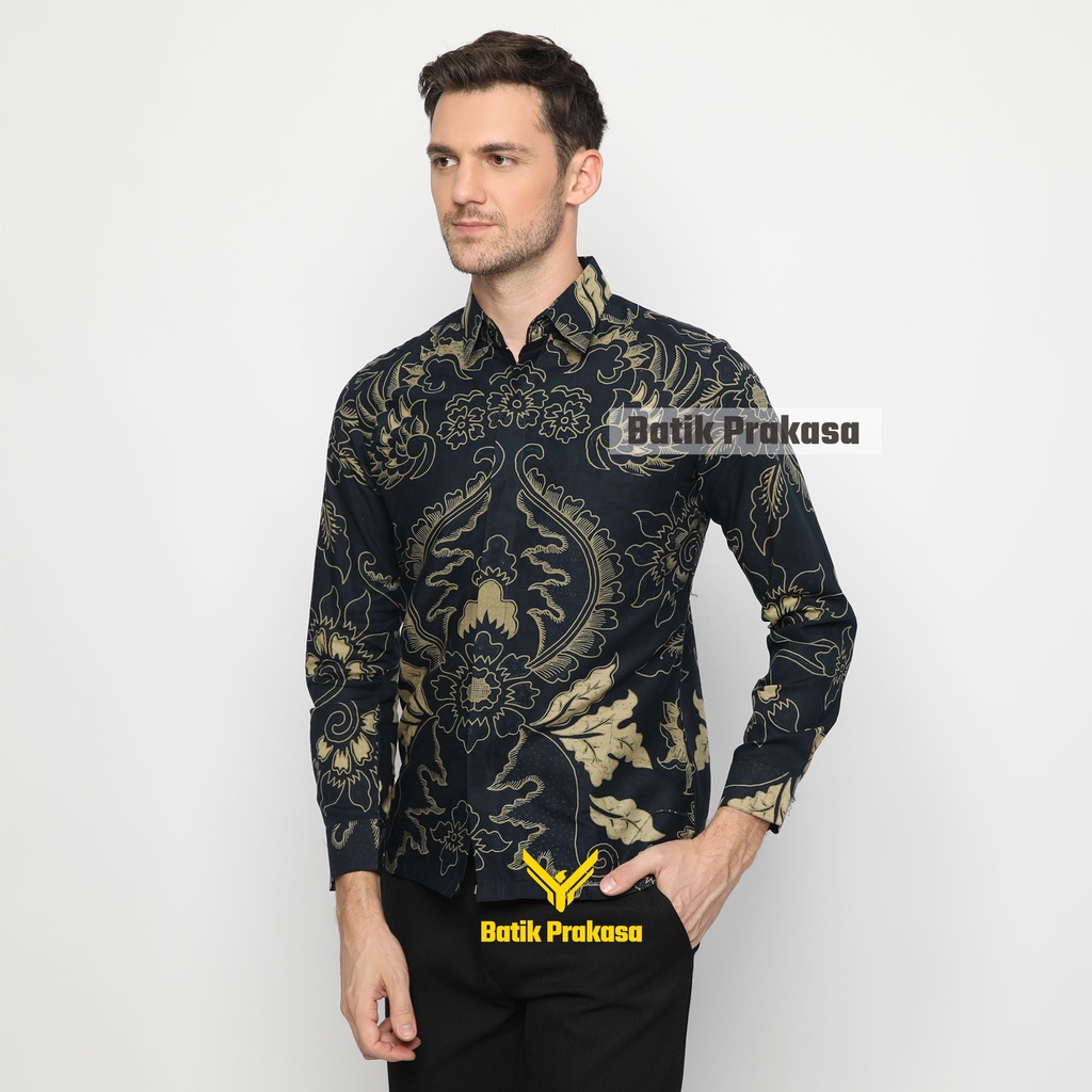 Kemeja Batik Prakasa Motif Bhadrika Navy Slimfit Lengan Panjang Batik Solo