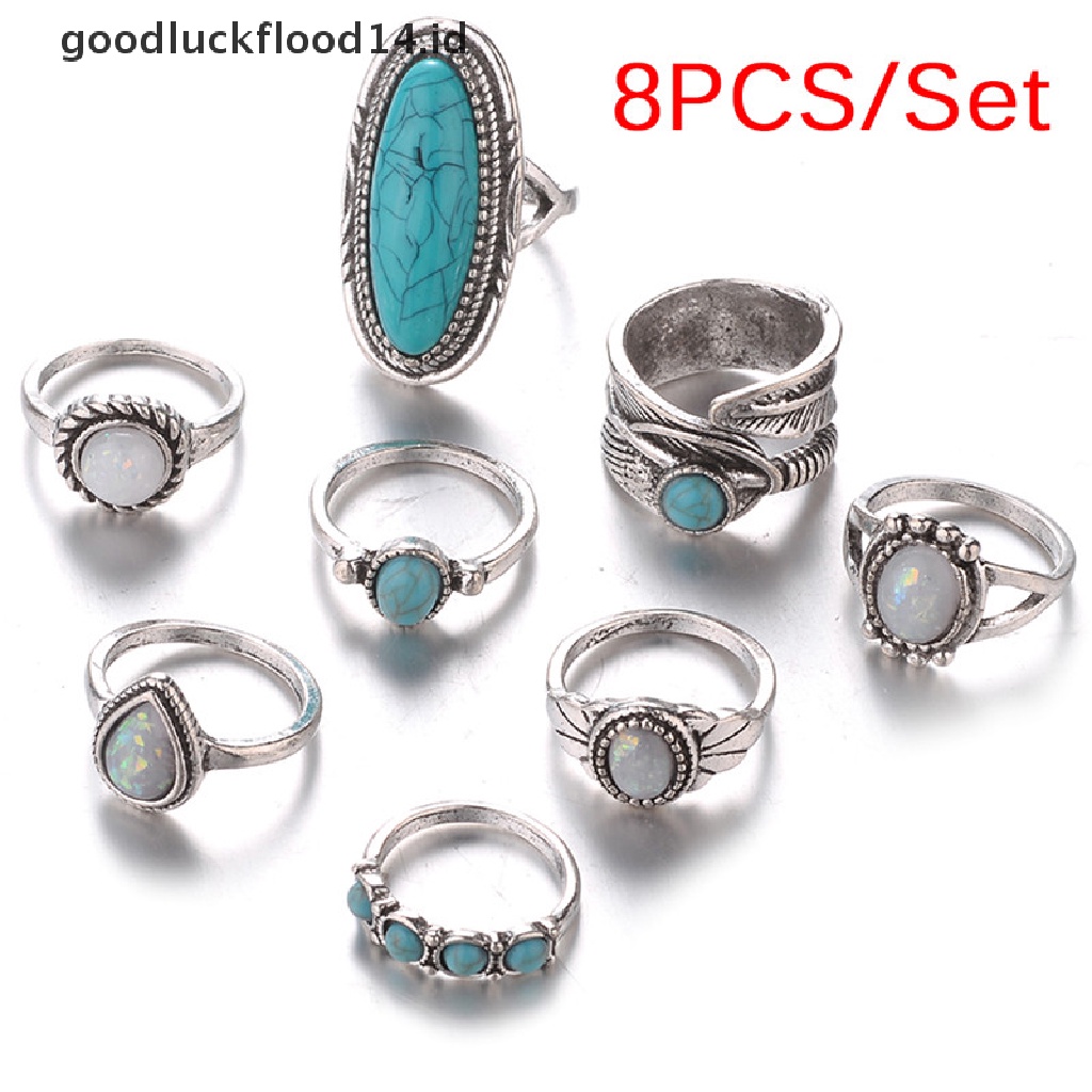 [OOID] 8PCS/Set Bohemian Women Silver Turquoise Finger Rings Opal  Rings Wedding Gift ID