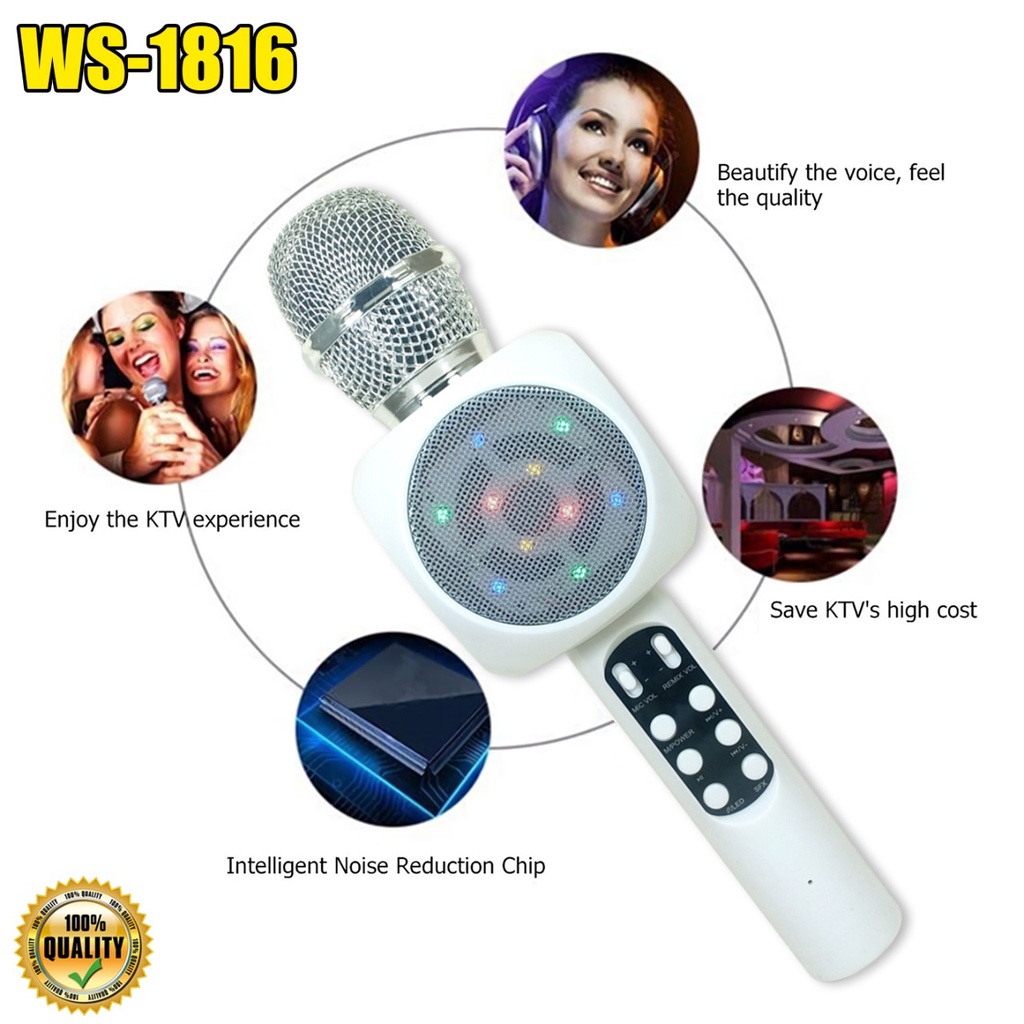 MIC KARAOKE WS1816 MICROPHONE WIRELESS BLUETOOTH WSTER WS-1816 MIC KARAOKE KTV LAMPU LED