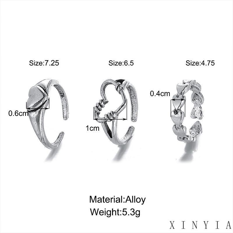 Xia.id 3PCS / Set Cincin Model Terbuka Bahan Metal Desain Hati Gaya Retro / Simple Kreatif Untuk Wanita