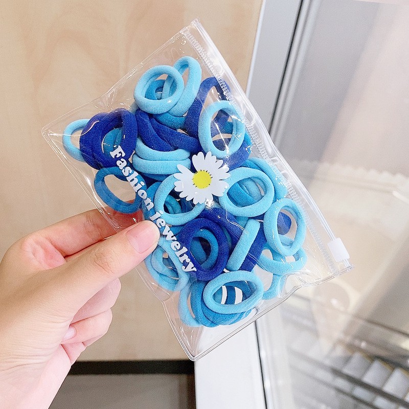 OVERFLOWS.ID 50 Pcs Tali Rambut Donut Dengan Pouch Bunga Daisy Import Ikat Rambut Set Import-Biru Daisy