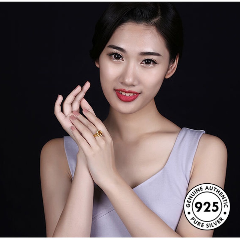 Cincin Model Terbuka Bahan S925 Silver Aksen Berlian Warna Kuning Untuk Wanita