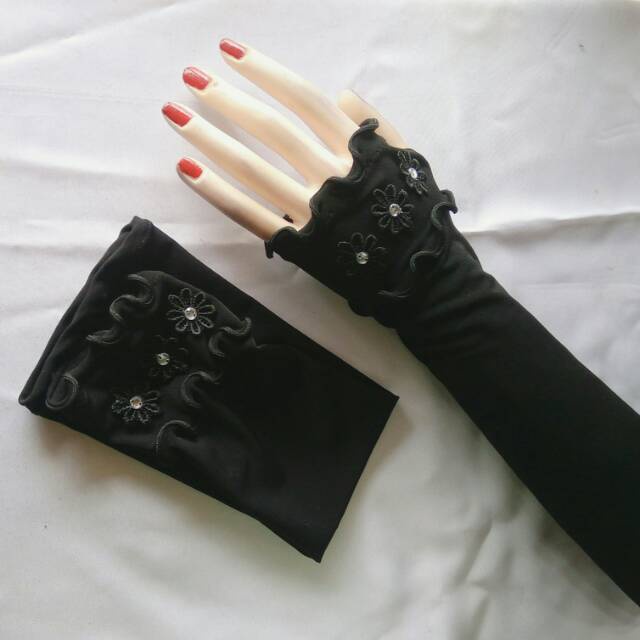 Handsock jempol Flower hitam curly 2 layer /manset wanita /manset tangan/ handsock /handsock jempol