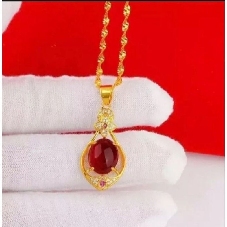 Kalung wanita sangat mewah dengan liontin batu merah delima berlapis emas 24k