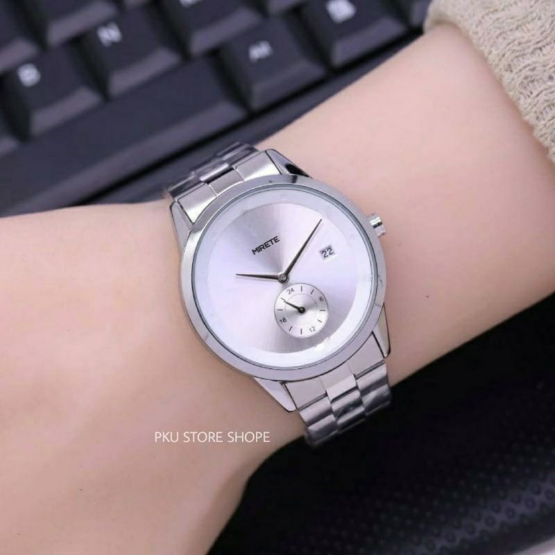 JAM TANGAN WANITA BESST SELLER FITUR TANGGAL WATER RESISITANT JAM TANGAN WANITA MIRETE ORIGINAL TERBARU JAM TANGAN CEWEK RANTAI STAENLES STEL FREE BATRAI JAM TANGAN FASHION WANITA GS/FOS MIRETE ORIGINAL