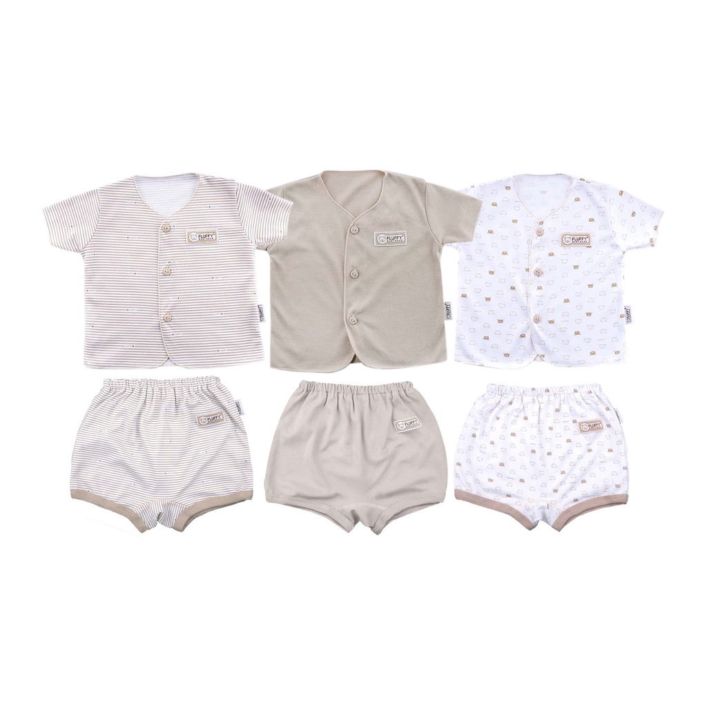 Fluffy Setelan Baju Pendek Celana Pendek Khaki Series - Fluffy Baju Bayi SNI