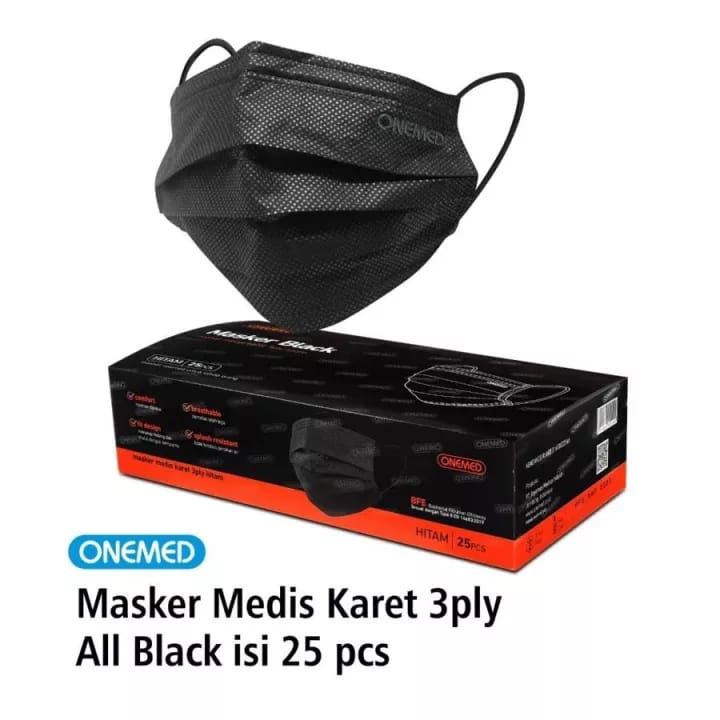 MASKER KARET MEDIS 3PLY ALL BLACK ONEMED BOX ISI 25 / MASKER BLACK / MASKER HITAM