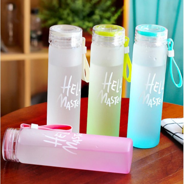 Botol Minum Hello Master 480ml / Tempat Minum Glass Dengan Pouch / Botol Minum Lucu Mudah Dibawa