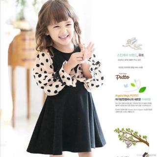 Dress Princess Lengan Flare Panjang Motif Polkadot dengan