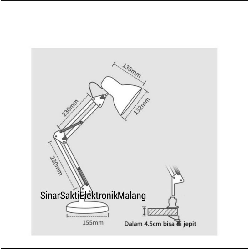 Lampu Meja Belajar Arsitek Lampu Kerja Duduk Jepit Besi Hitam