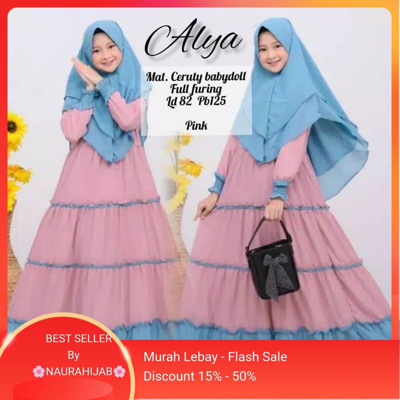 Gamis Remaja Perempuan Umur 10 11 12 13 14 15 Tahun Alya Syari Set Hijab Gamis Tanggung Bahan Ceruty