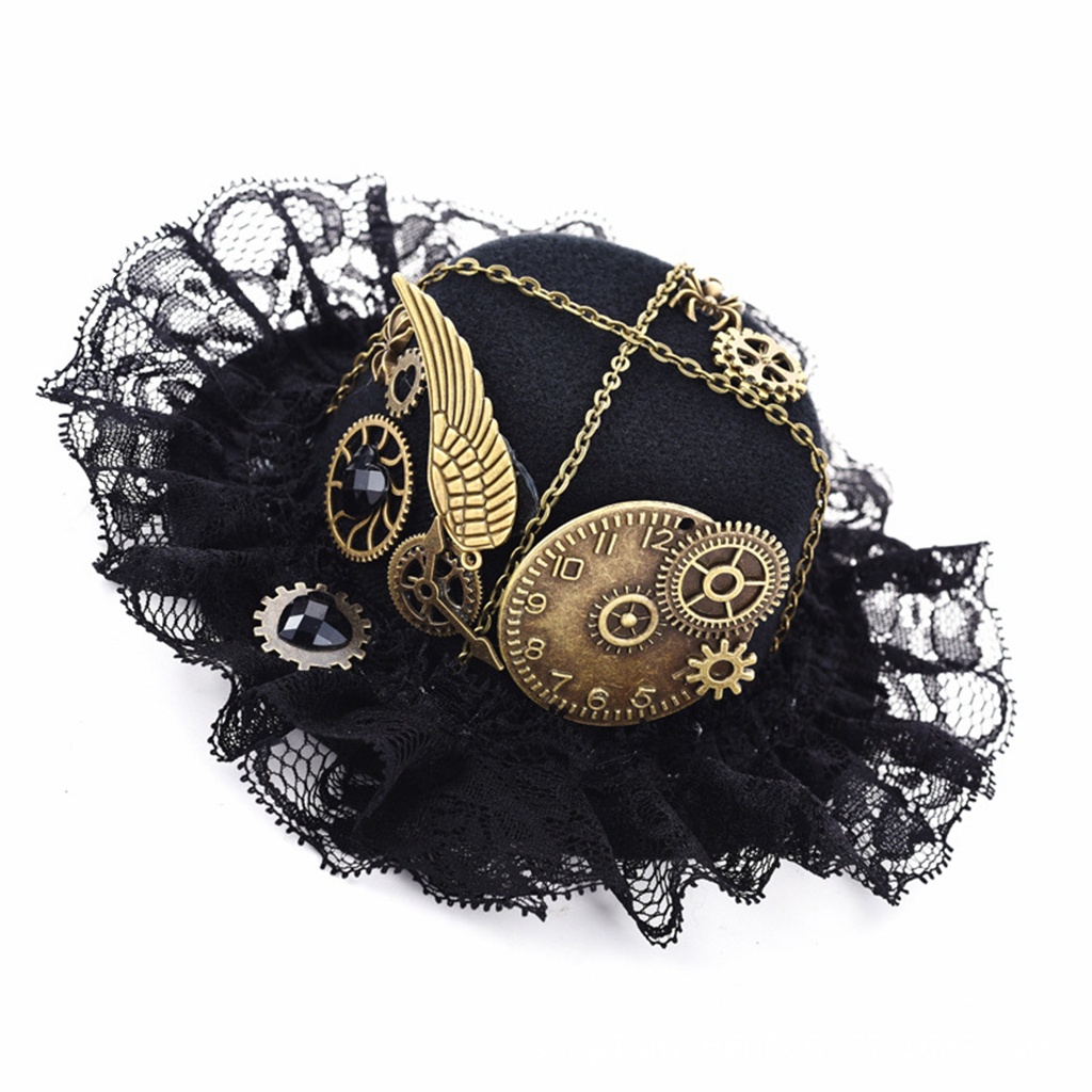 Women Gothic Style Lace Mini Black Hairpin Hat 8572