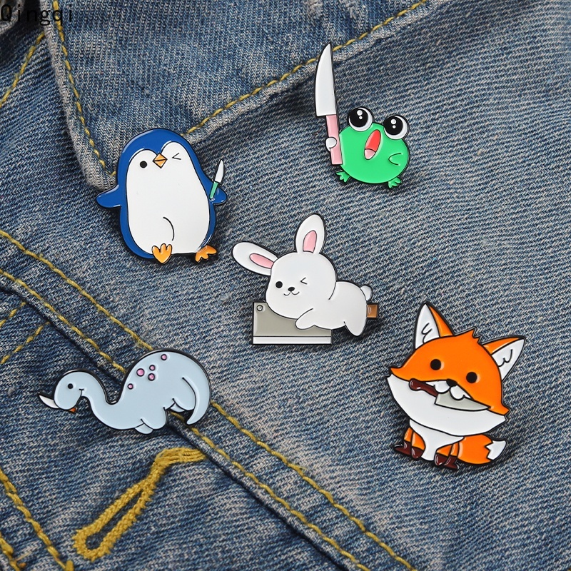 Bros Pin Enamel Desain Kartun Hewan Kelinci Penguin Katak Rubah Untuk Hadiah Anak