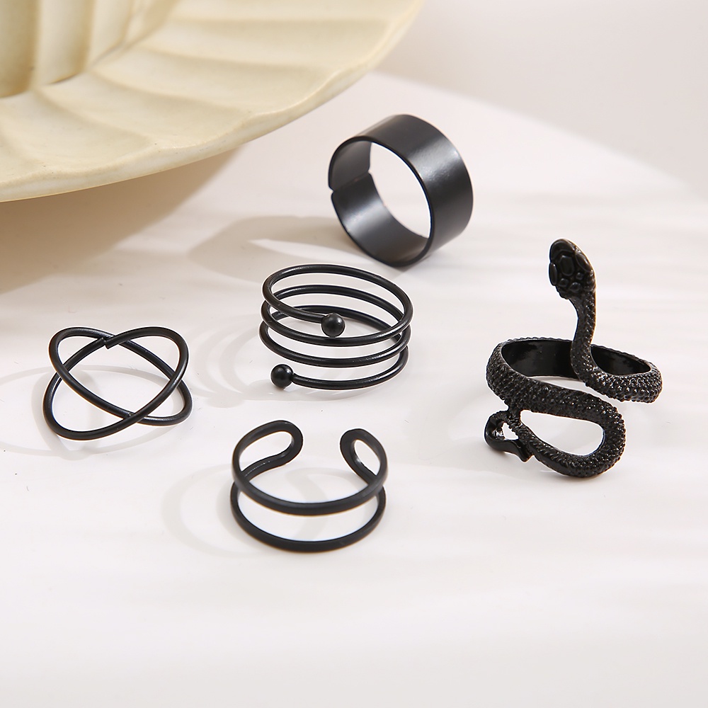 5pcs / Set Cincin Model Terbuka Desain Ular Silang Spiral Warna Hitam Dapat Disesuaikan Untuk Wanita