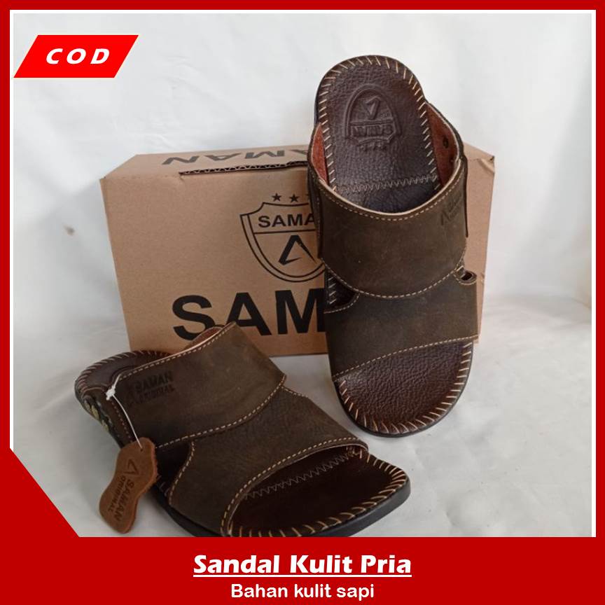 Saman Sendal Pria Selop Dubai Sandal Kulit Cowok Premium Trendy Kualitas Import Original - Coklat