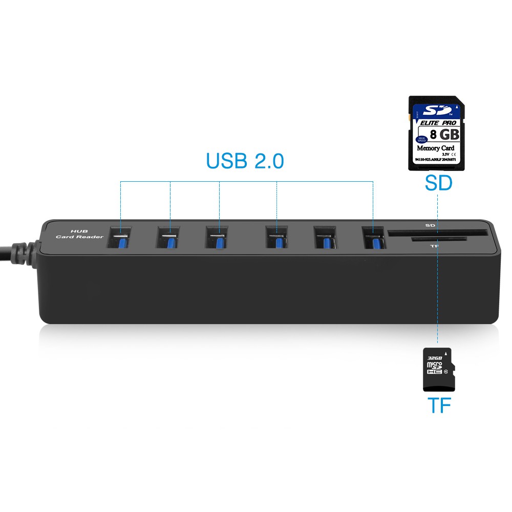 2 in 1 USB Hub 6 Port Combo Card Reader SD/TF Card - CB220602 - Black