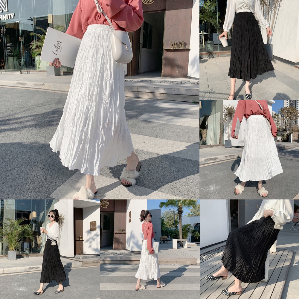 Rok Panjang Model Lipit High Waist Warna Putih Hitam 