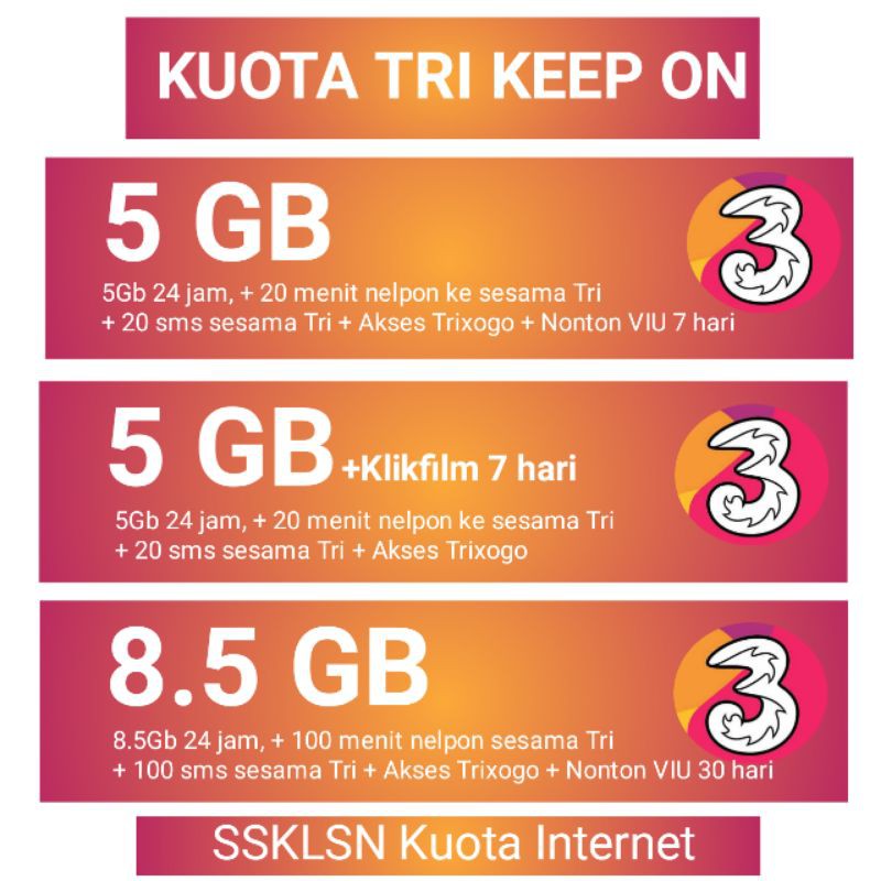 Kuota Tri Keep On 5gb 5gb Klikfilm 8 5gb Muraaahhh Shopee Indonesia