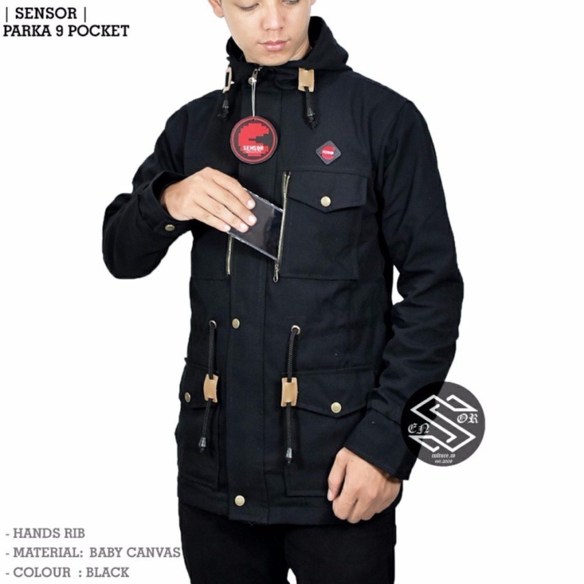 Sensor Jaket Parka Pocket Zipper Pria