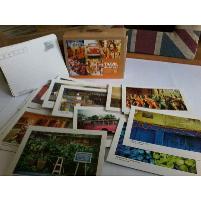

postcard l tema travel dengan aneka motif jual perpack isi 35 lembar untuk event,ucapan walldeco dll bahan kertas premium
