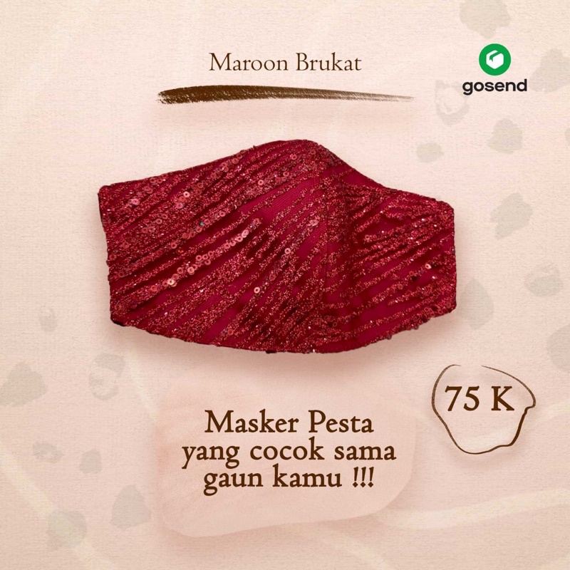 Masker Kain 3 ply Premium | Satin Merah | Brokat Glitter Sequin Red Maroon