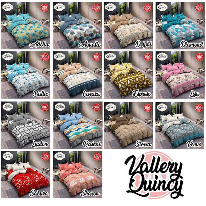 Set Bedcover + Sprei 120x200 QUINCY VALLERY  Tinggi 30 Polos Dan Motif Caroline Carara Putih Espresso Evelyn Grey Pink Aquatic Karen Gemma Hugo - BC 120 Single