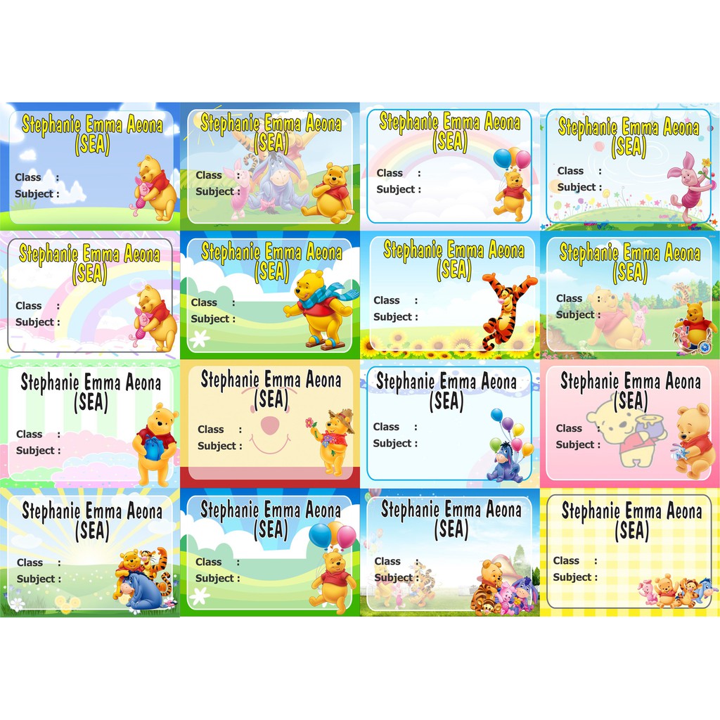 

Pooh Label stiker buku nama kelas mapel custom