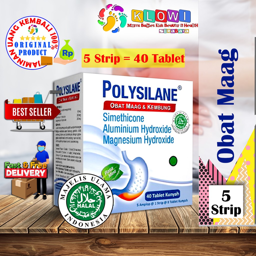 Polysilane Tablet Kunyah (Bundling 5 Strip)  @Strip 8 Tablet Kunyah,Obat Maag,Obat Kembung