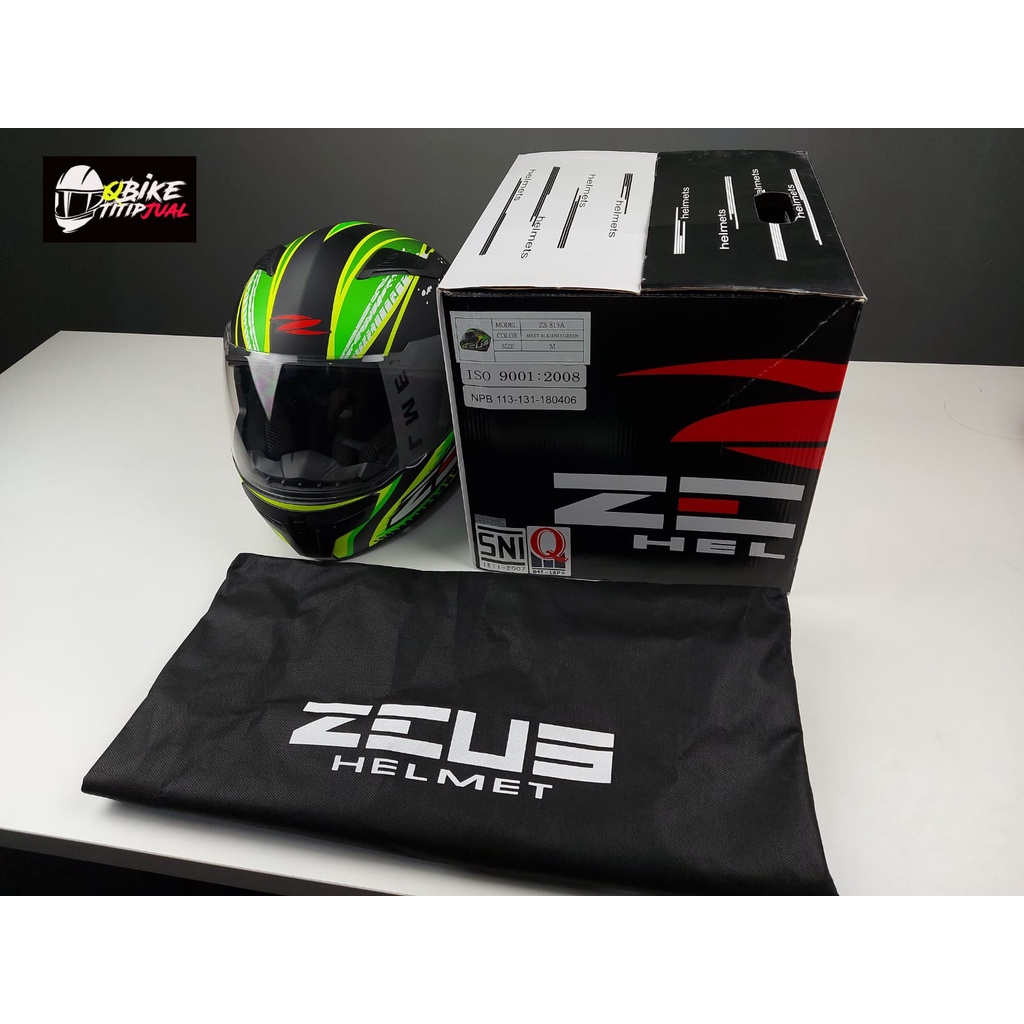 Helm Motor Full Face Double Visor Zeus ZS 813 Matt Black AN13 Green - Bekas