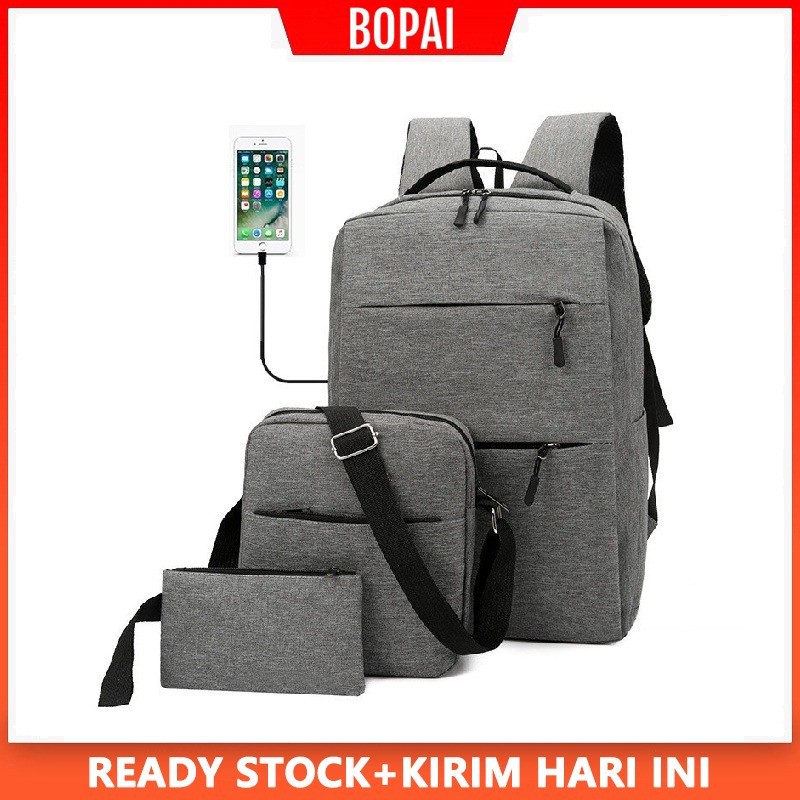 3 in 1 Bopai Tas Ransel Set Anti Air USB Charger Backpack Ready Stock TR801