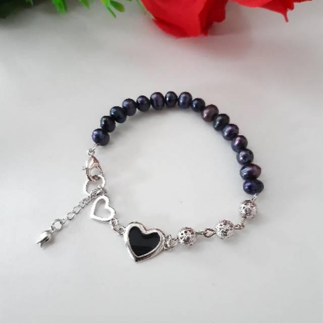 BERSERTIFIKAT GELANG ANAK DAN CEWEK MUTIARA HITAM ASLI MUTIARA LOMBOK RHODIUM BOLA SILVER LOVE UNIK