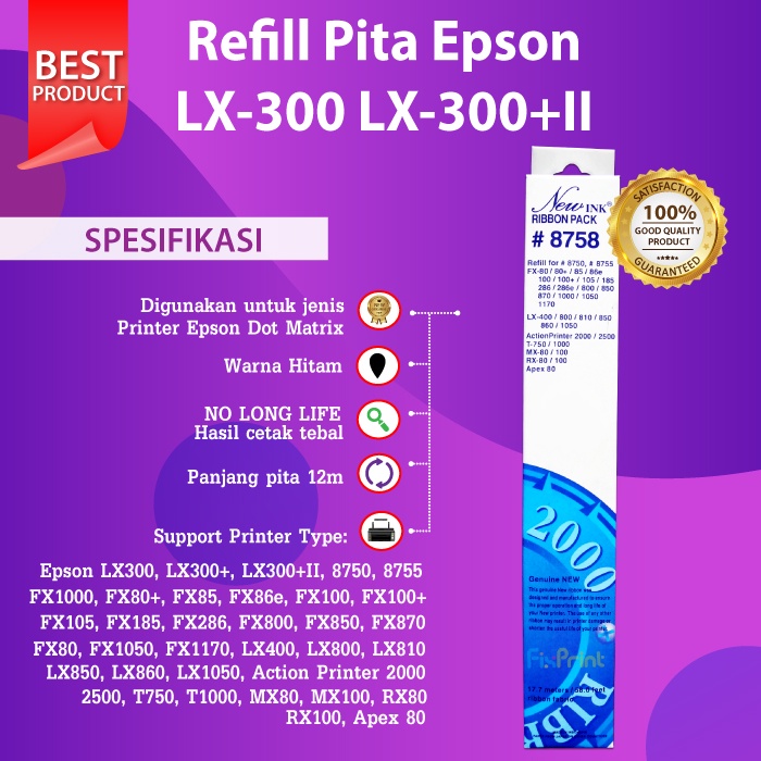 Ribbon Pack 8758 Pita Refill Printer Epson LX300 LX310 LQ310 LX300+II