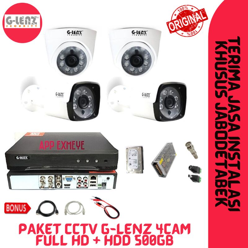Paket CCTV G-LENZ 4CH 2MP Full HH HDD 500GB Original 4 Cam