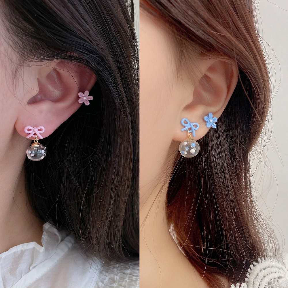 YEEZII Set Anting Hoop Desain Bunga Pita Warna Pink Biru Untuk Wanita