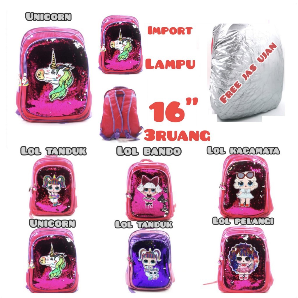 PA TAS Ransel anak SD / SMP  murah import girls sequin lampu lol unicorn / 8168 grosir Termurah - TA043