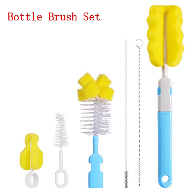 6Pcs/set Bottle Sponge Cleaning Brush 360 Degree Rotating Baby Pacifiers Brush Tools Straw Brush Set