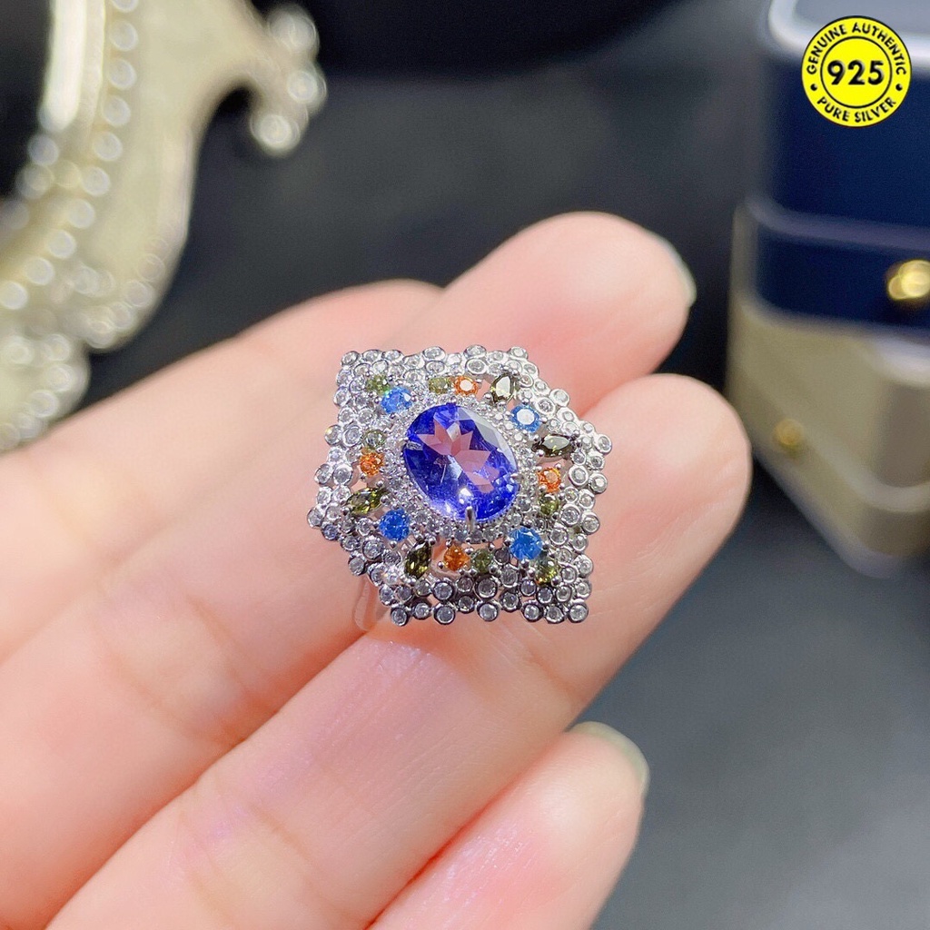 Cincin Model Terbuka Hias Batu Permata Tanzanite Ukuran Besar Gaya Mewah