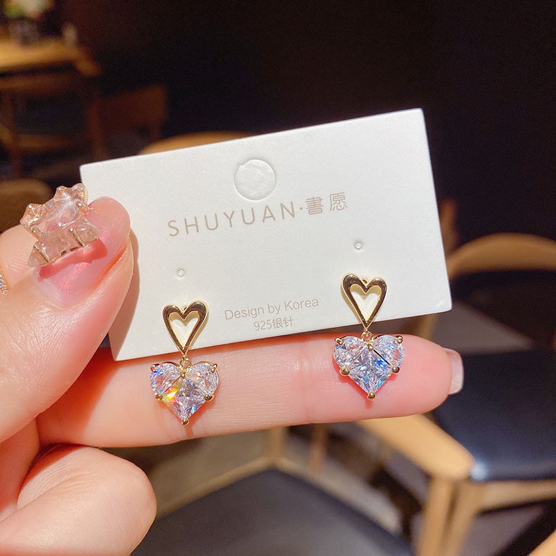 Anting Tusuk Silver Desain Hati Hias Zircon Gaya Korea Untuk Wanita