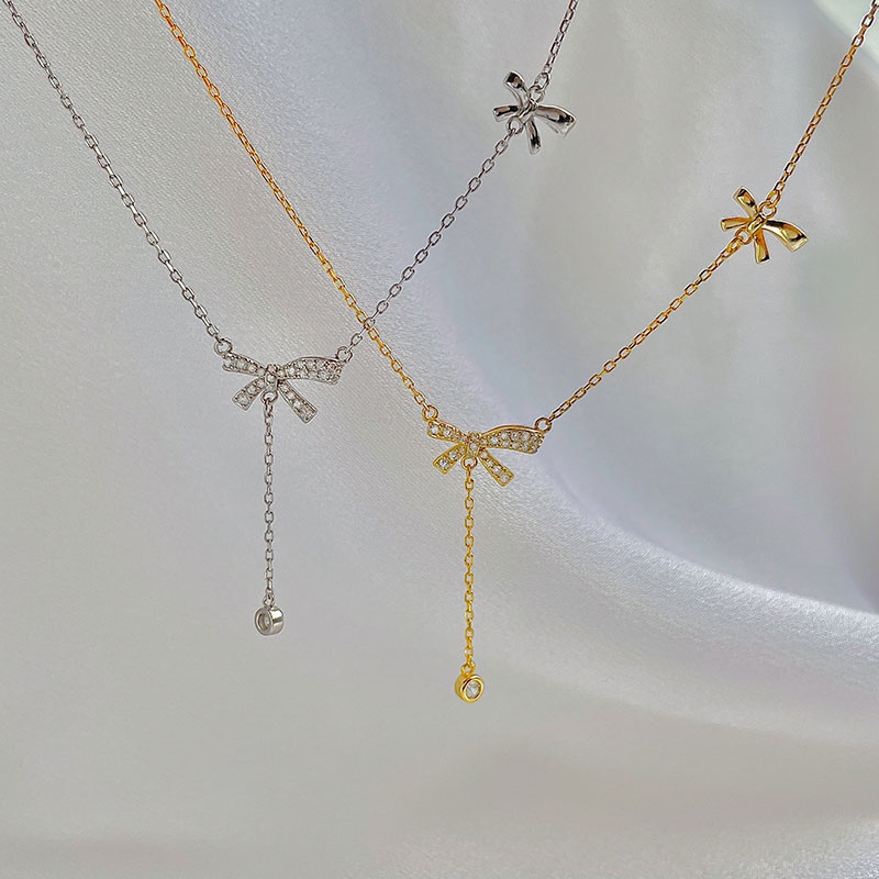 Kalung Rantai Sterling Silver 925 Dengan Liontin Pita Hias Berlian Imitasi Untuk Wanita