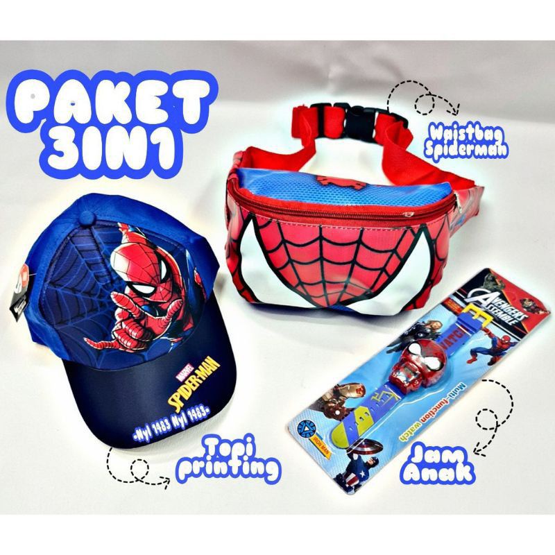 Waistbag anak karakter spiderman 3in1- tas + topi + jam