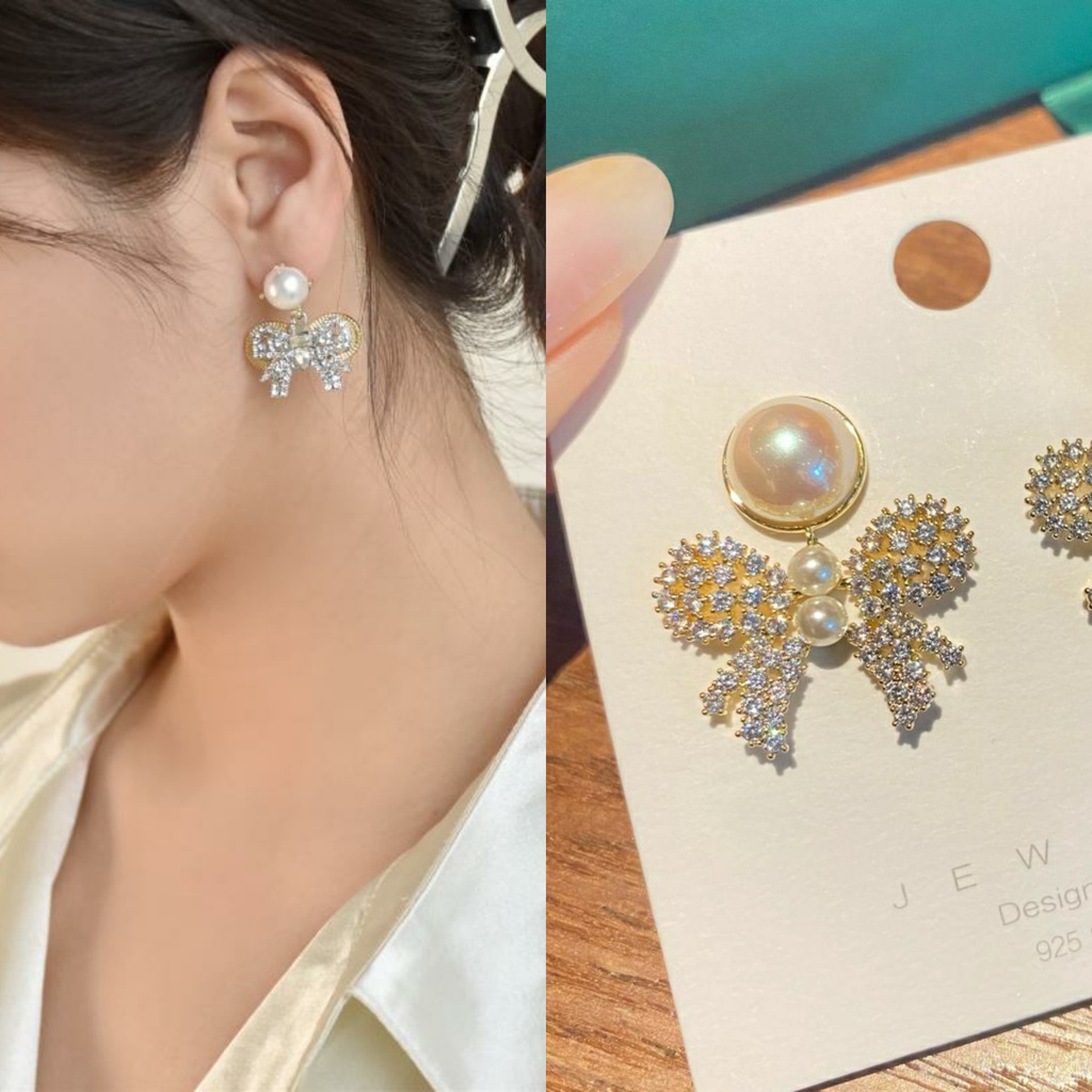 Anting Tusuk Gantung Desain Pita Hollow Hias Mutiaraberlian Gaya Jepangkorea Untuk Wanita