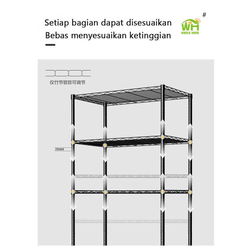 Rak penyimpanan 3 Tingkat Hitam Silver Rak Dapur Microwave Kamar Rak Serbaguna Rak Elegant Worldhome66