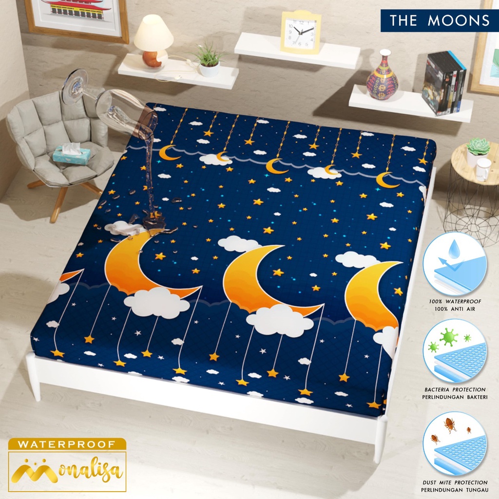 MONALISA Sprei Waterproof 180x200 - anti ompol air water proof Paus Rainbow  Rainbow Dinosaurus Rocket Galaxy180 SP-The Moons - WP